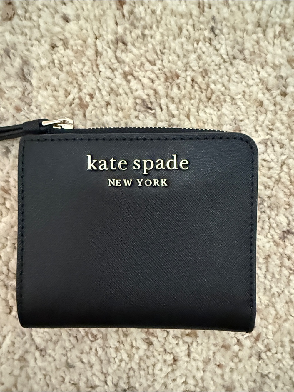 kate spade Black Leather Compact Zip Wallet with Gold Logo NWT